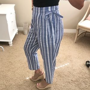 High Waisted Striped Cropped Pants with Side Ties